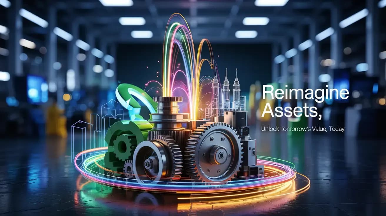 Surplus industrial assets in a modern Malaysian setting, transforming with glowing light trails into symbols of ESG value and circular economy benefits