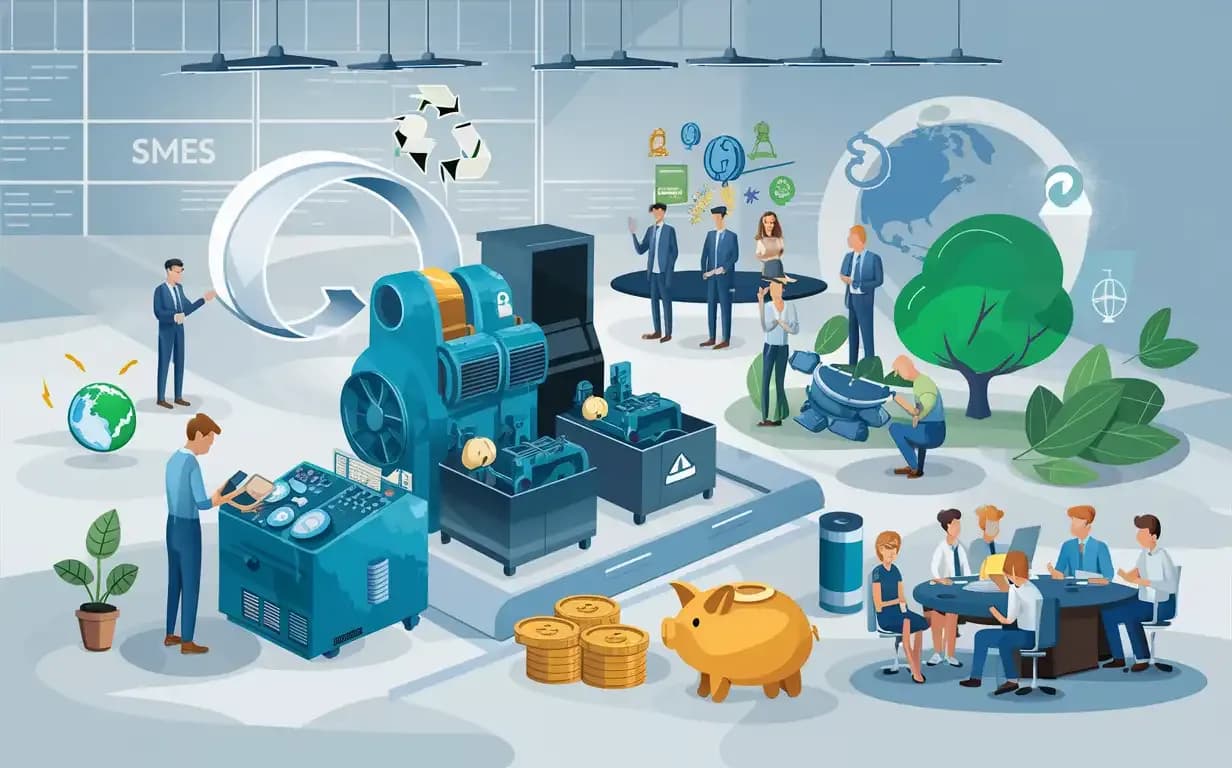 An illustration showing a small business owner and team inspecting pre-owned machinery in a warehouse, symbolizing cost savings and sustainability for SMEs through the circular economy