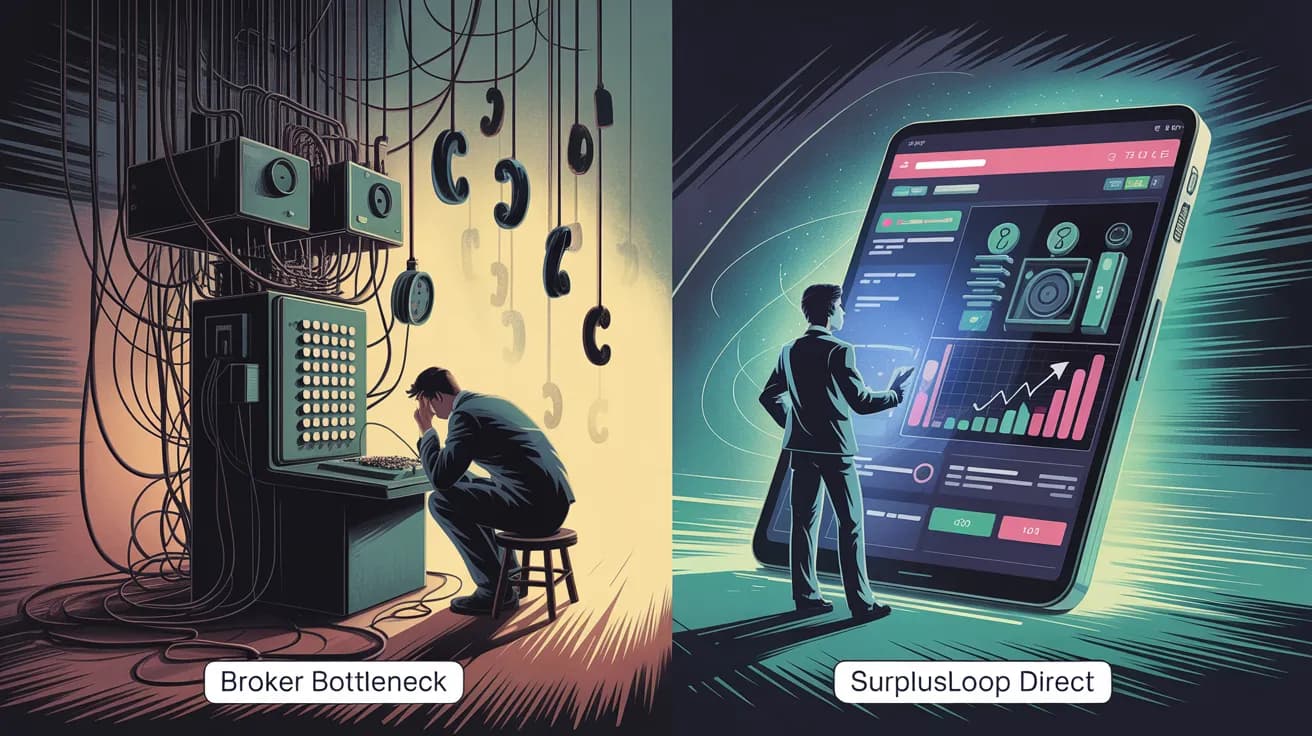 Split image contrasting tangled old switchboard representing broker bottlenecks with a modern tablet showcasing SurplusLoop's efficient direct selling platform for machine sellers.