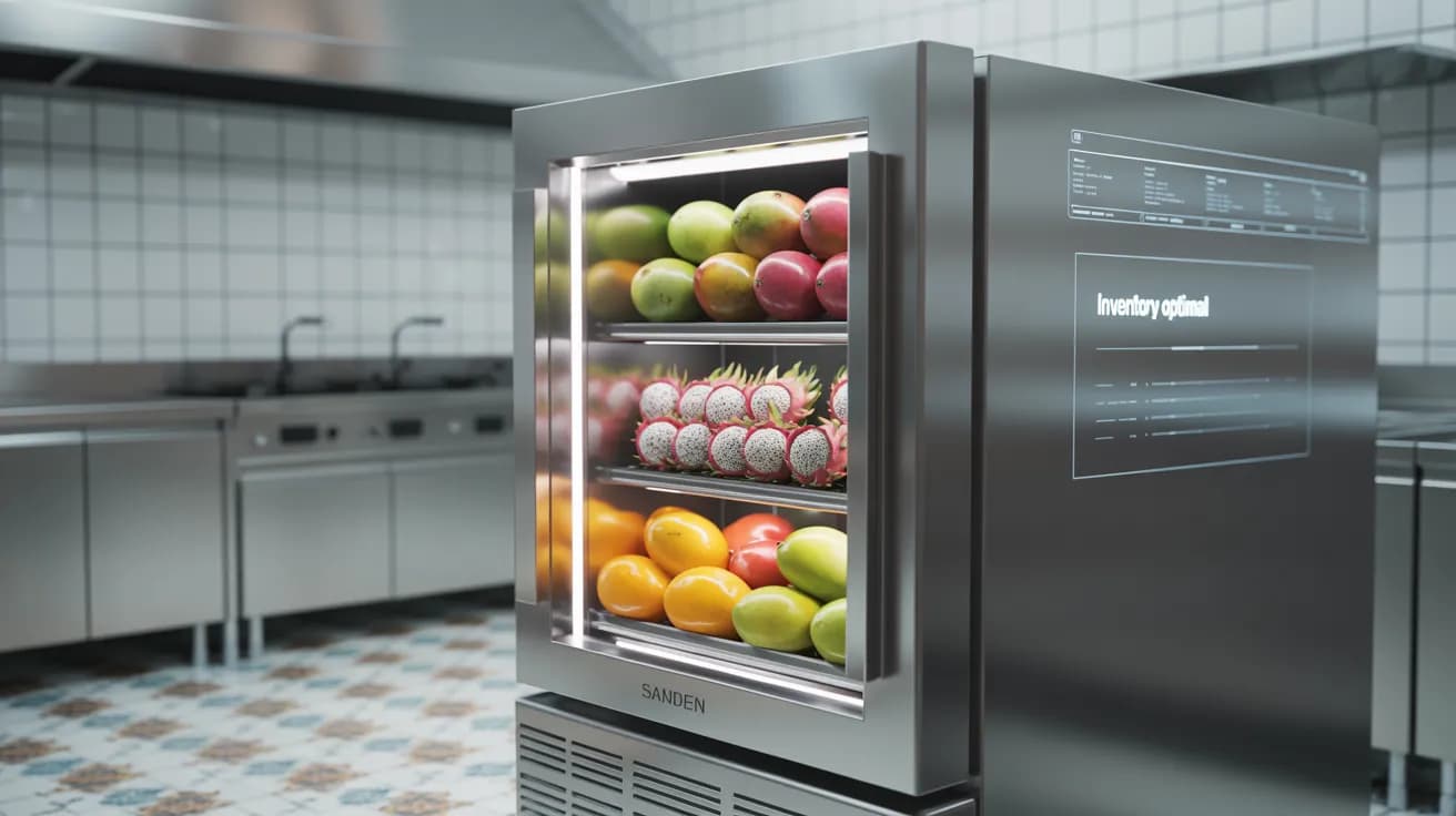 Sleek Sanden or Solid Cool commercial display refrigerator in a modern Malaysian F&B setting, with subtle tech visuals representing SurplusLoop's efficient surplus asset solutions