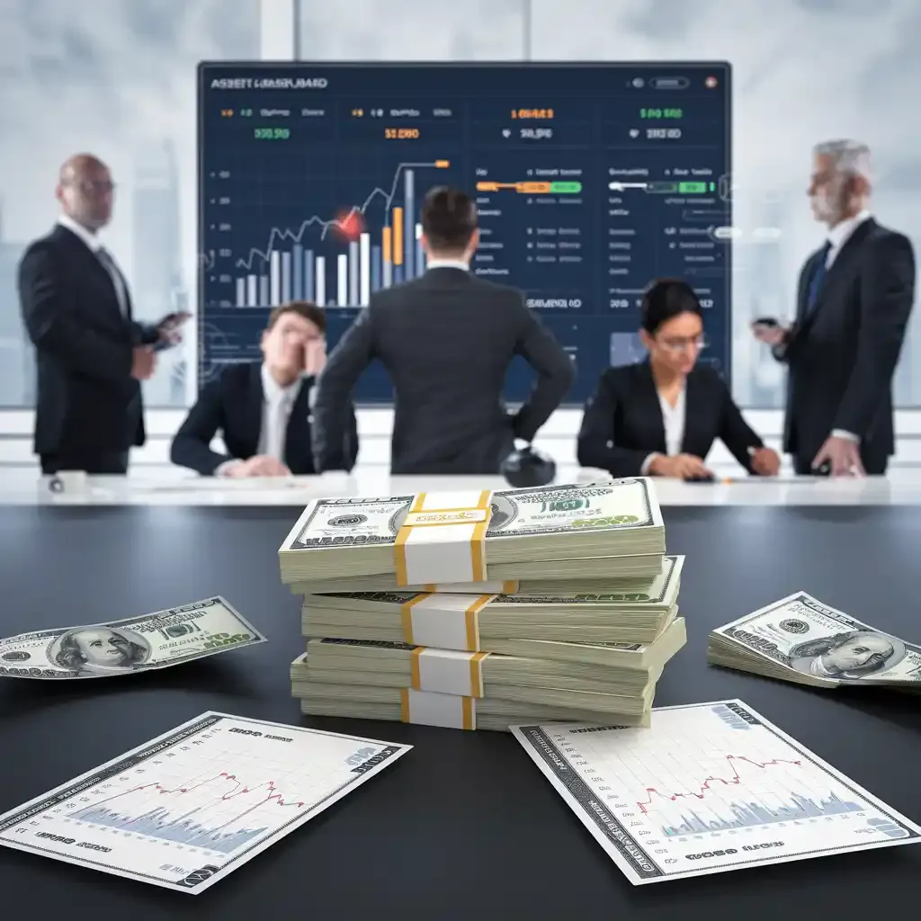 Corporate office setting with a digital dashboard showing AI-generated asset valuations, stacks of money, and discarded incorrect pricing graphs