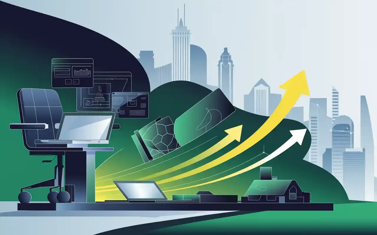 Abstract corporate-themed image of surplus assets transitioning into upward arrows with a futuristic city skyline and digital graphs in the background