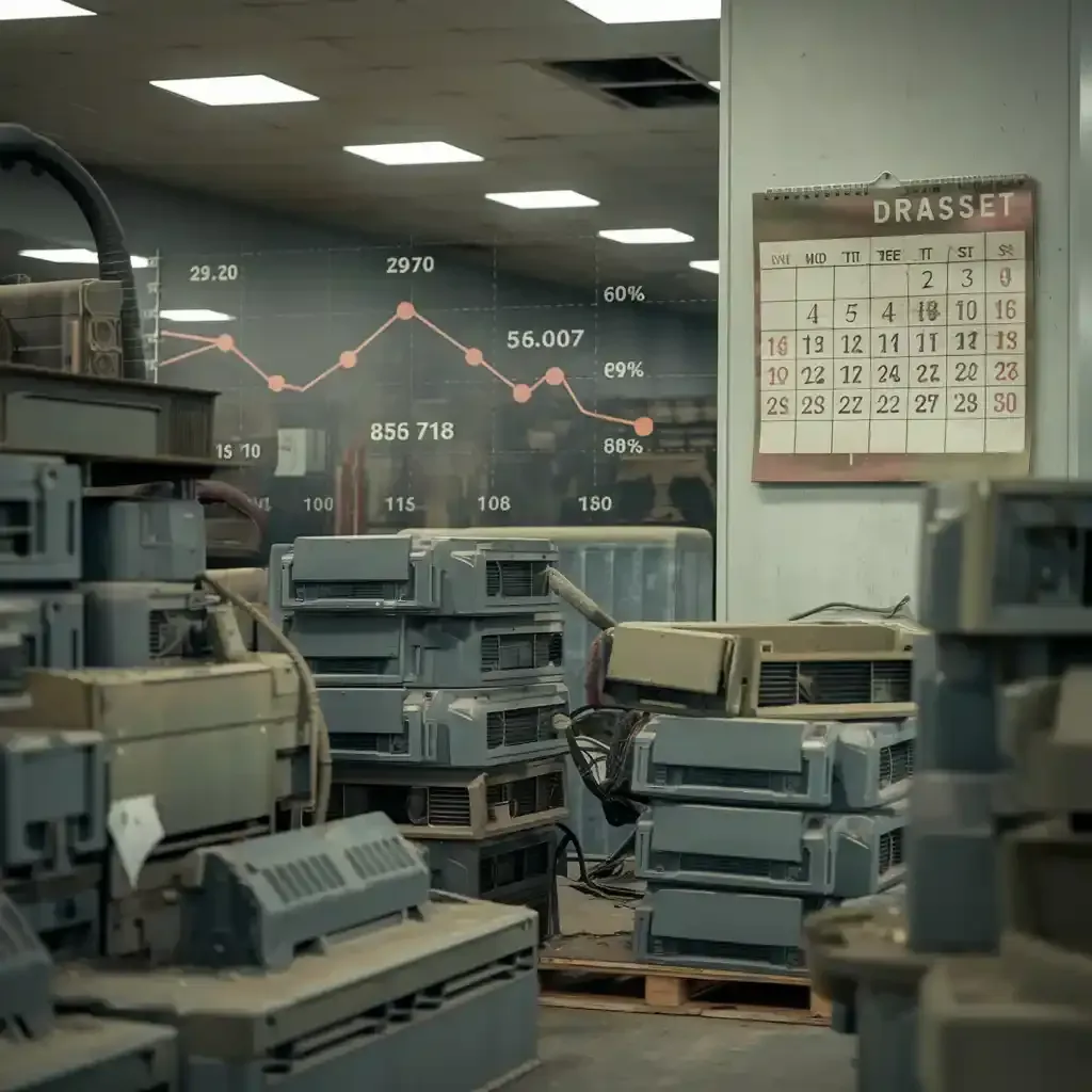 Corporate warehouse with unused equipment gathering dust and a calendar showing missed deadlines, symbolizing delayed decisions on surplus assets