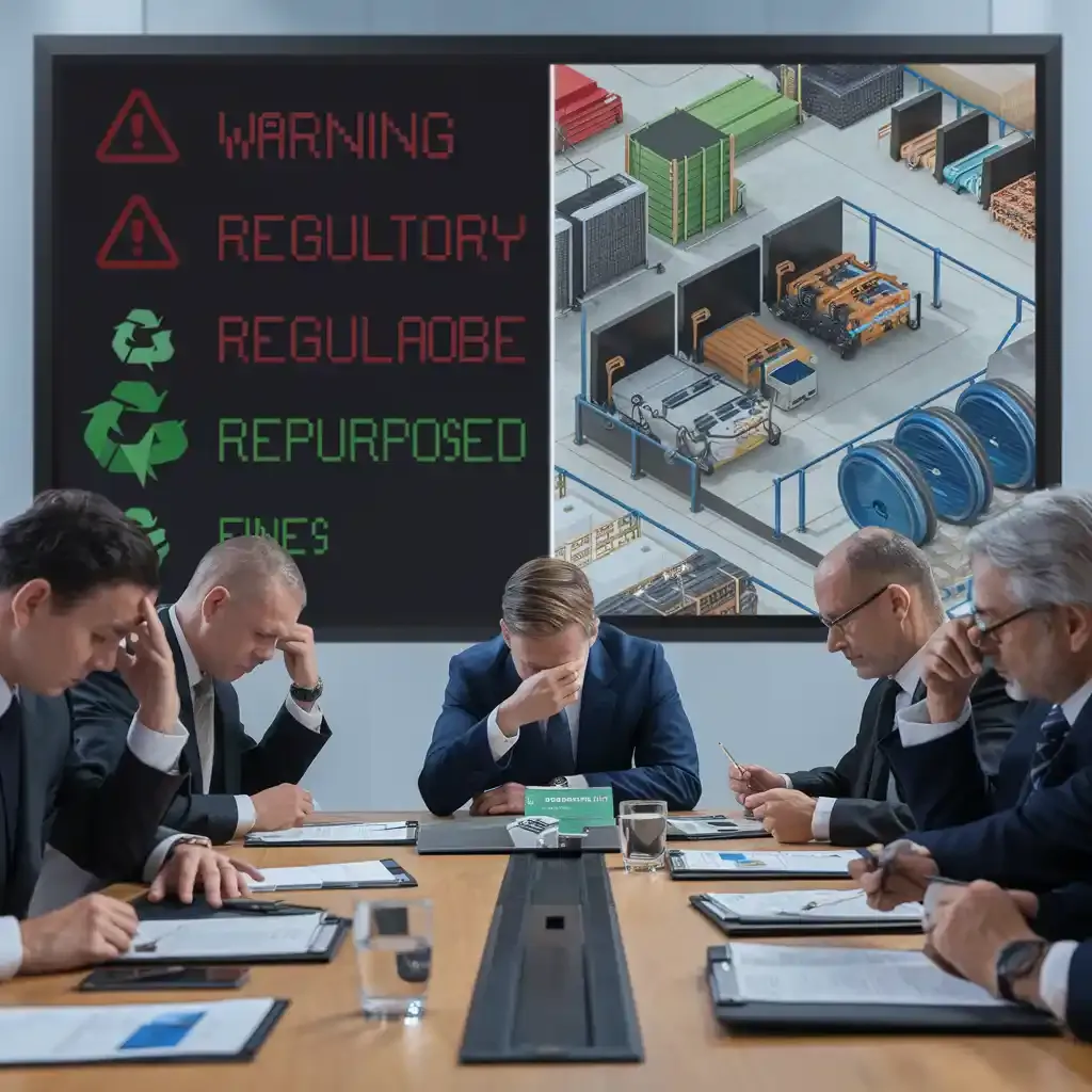 Executives in a boardroom reviewing environmental compliance documents, with warning icons and sustainable asset disposal depicted in the background