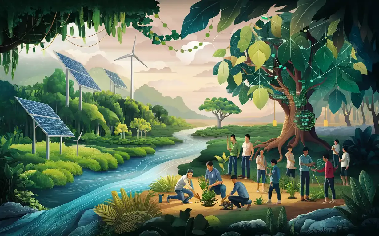 Serene illustration of Southeast Asia's ESG transformation in 2025, featuring lush rainforests, renewable energy elements, and diverse communities collaborating for sustainability, symbolizing Singapore and Malaysia's leadership in climate action and regional cooperation
